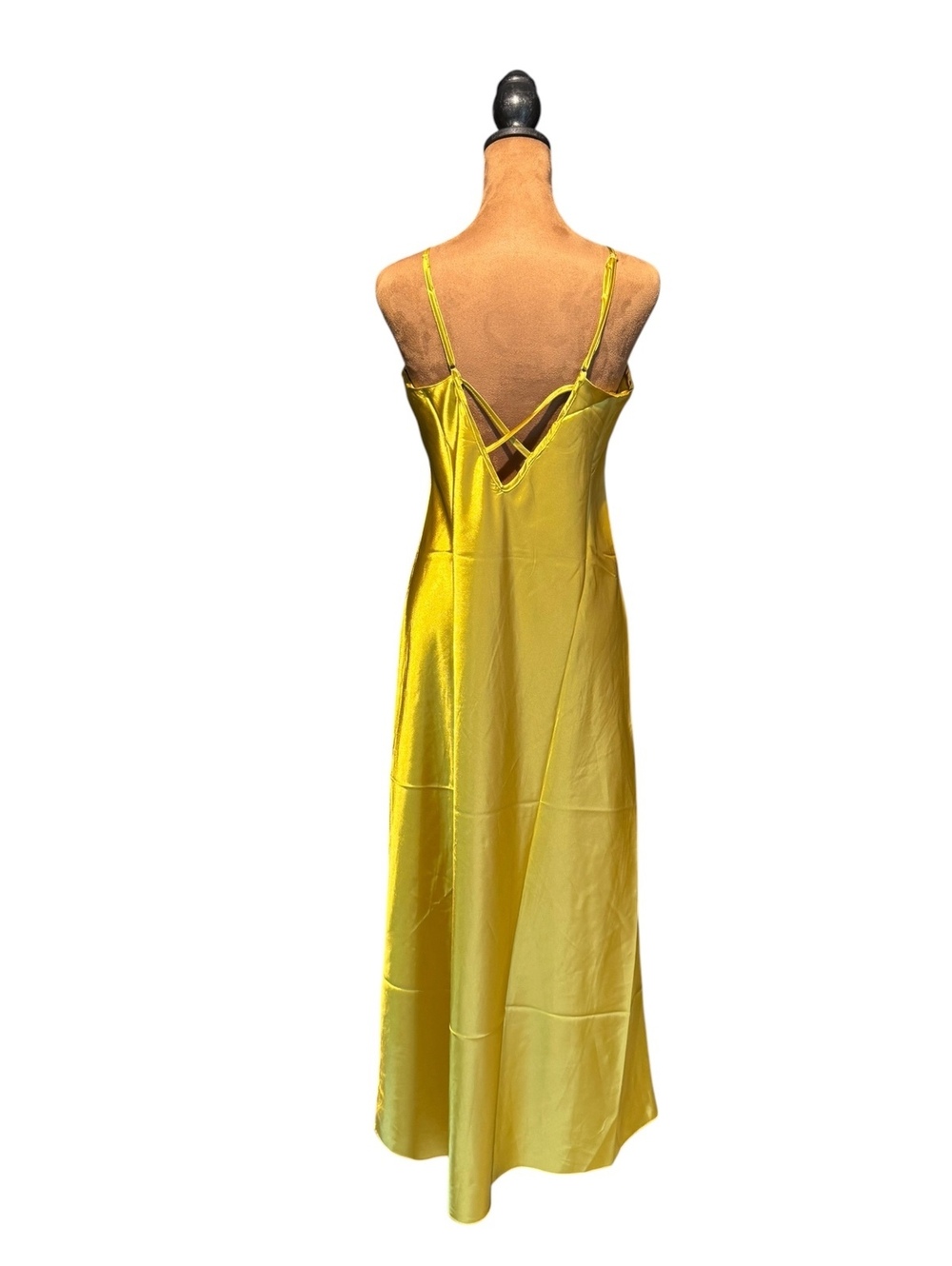 Yellow Satin V-Neck Slip Dress with Adjustable Straps - Picture 3 of 4